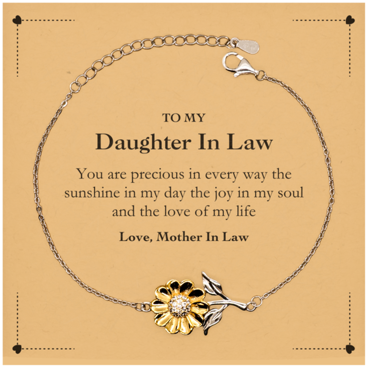 Graduation Gifts for Daughter In Law Sunflower Bracelet Present from Mother In Law, Christmas Daughter In Law Birthday Gifts Daughter In Law You are precious in every way the sunshine in my day. Love, Mother In Law