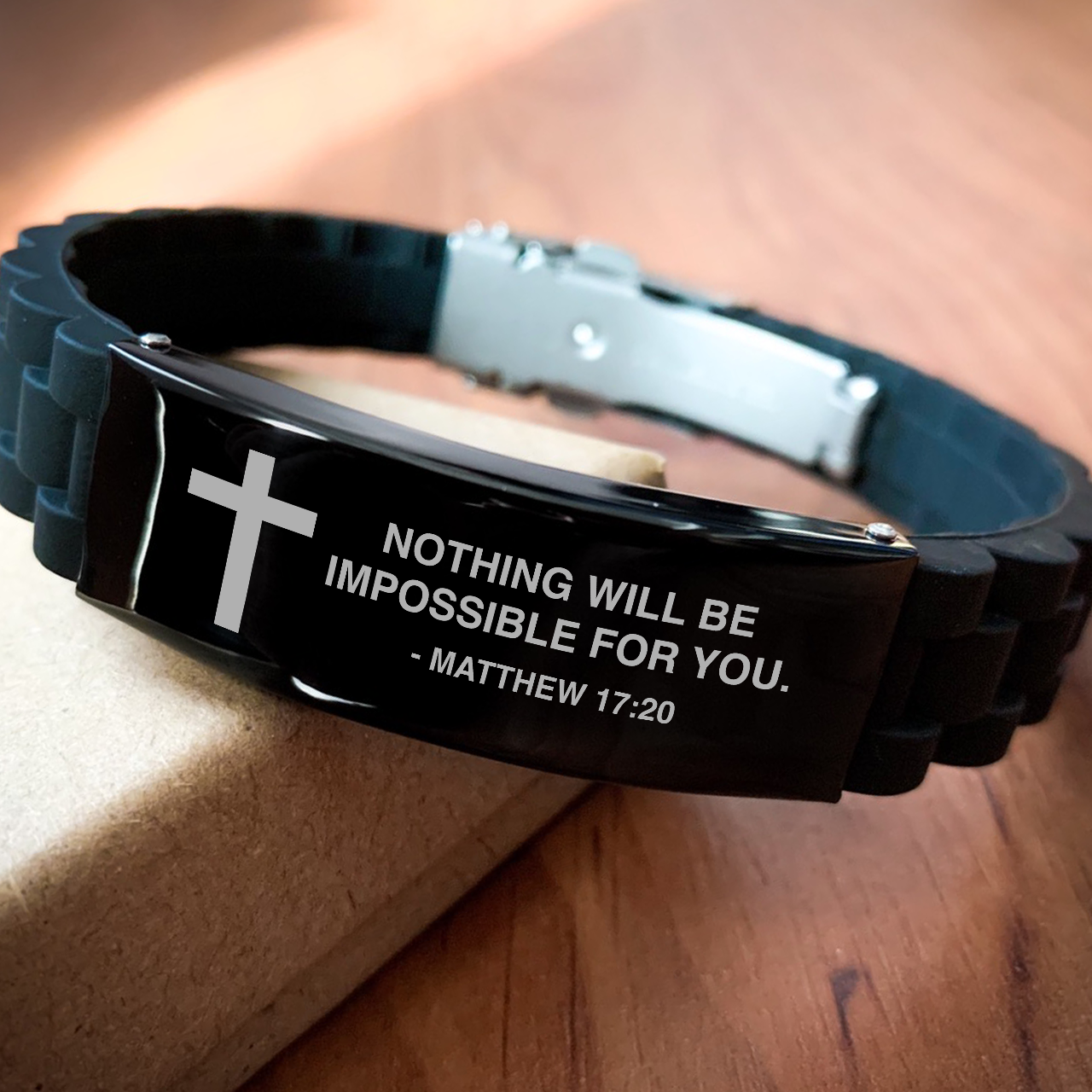 Bible Verse Black Bracelet, Nothing Will Be Impossible For You, Matthew 17:20, Inspirational Christian Gifts For Men Women