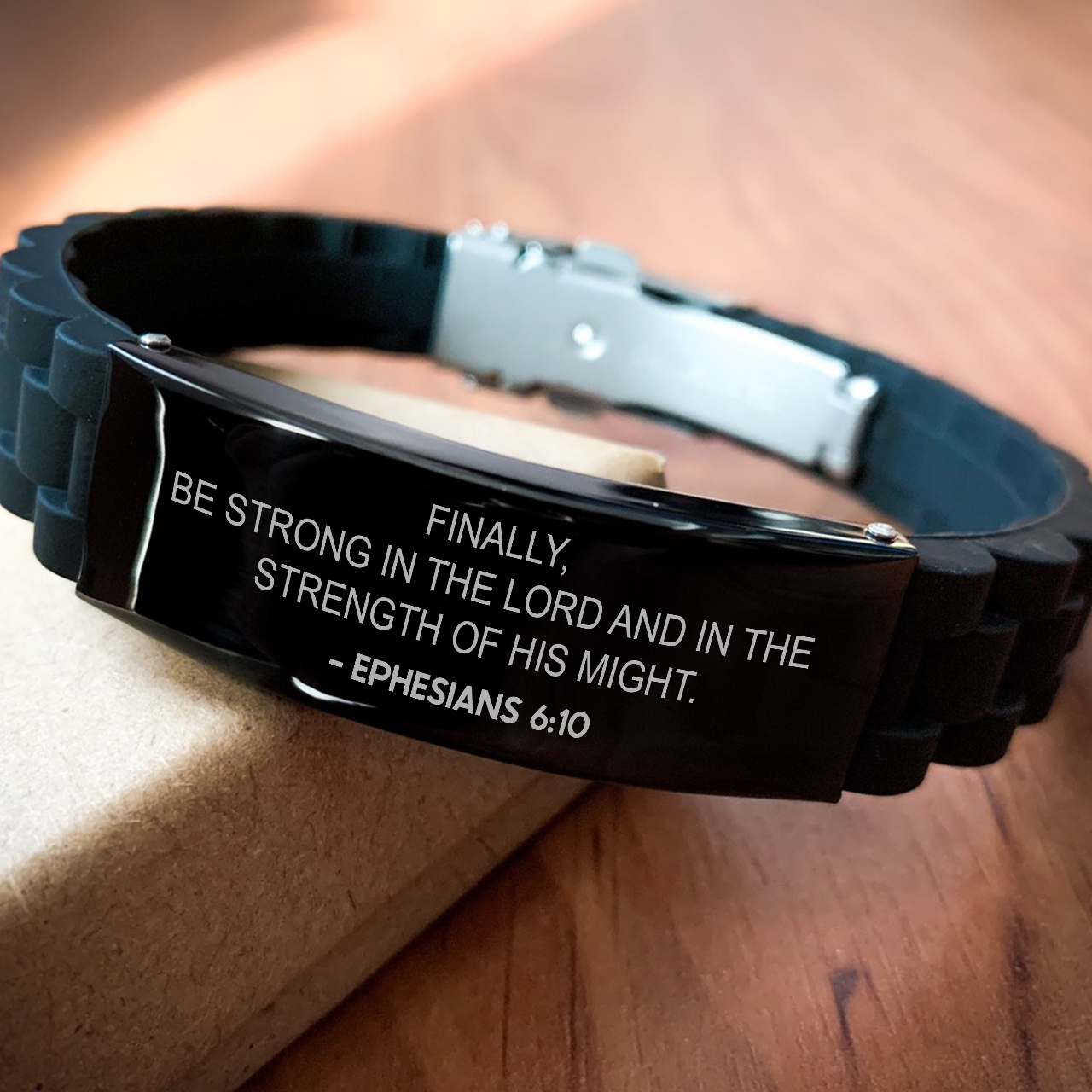 Bible Verse Black Bracelet, Ephesians 6:10 Finally, Be Strong In The Lord, Inspirational Christian Gifts For Men Women