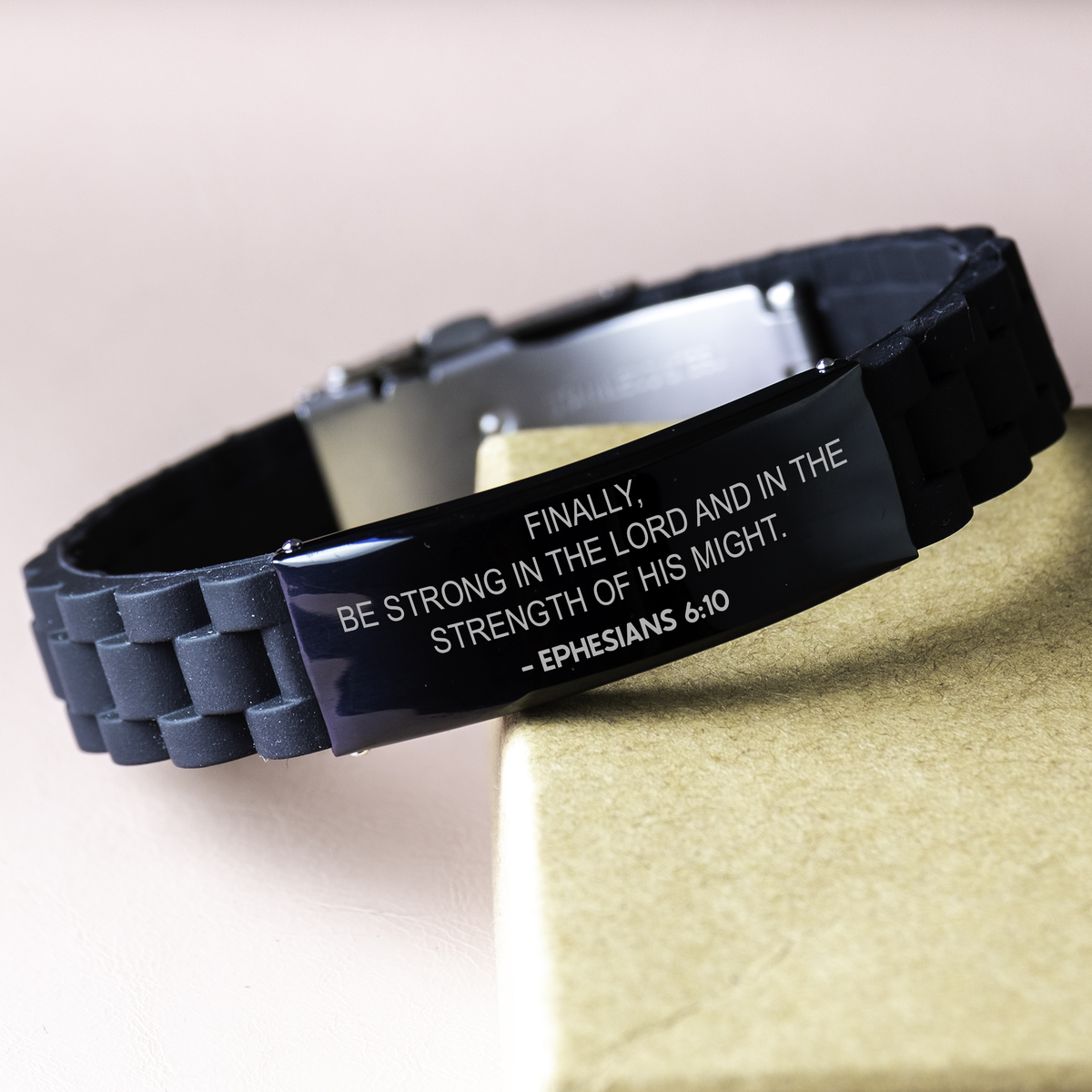 Bible Verse Black Bracelet, Ephesians 6:10 Finally, Be Strong In The Lord, Inspirational Christian Gifts For Men Women