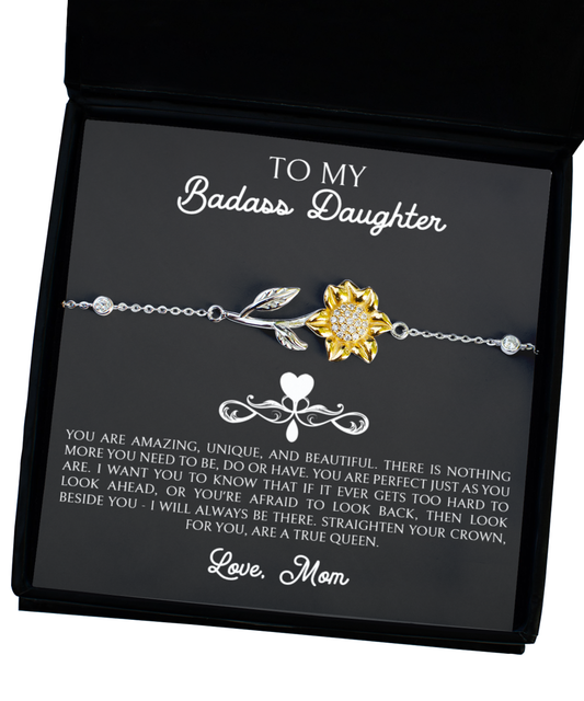 To My Badass Daughter Bracelets From Mom, Daughter Gifts From Mom, To My Daughter Sunflower Bracelet from Mom, Birthday Christmas Gifts for Daughter From Mother