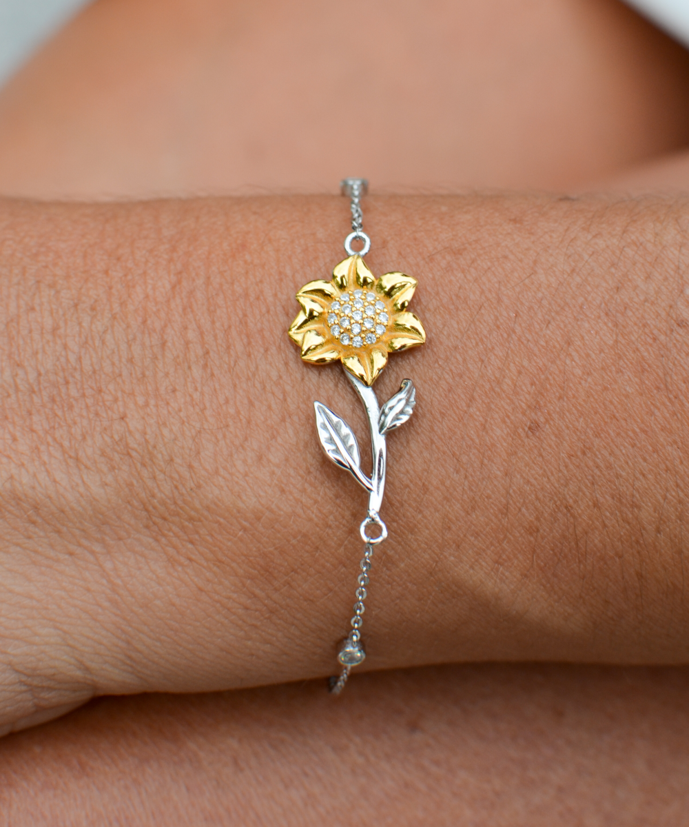 Daughter in law Gifts From Mother in law, 925 Sterling Silver Bracelet with 14k Gold Sunflower Charm and Message Card, Future Daughter in Law Birthday Wedding Gifts